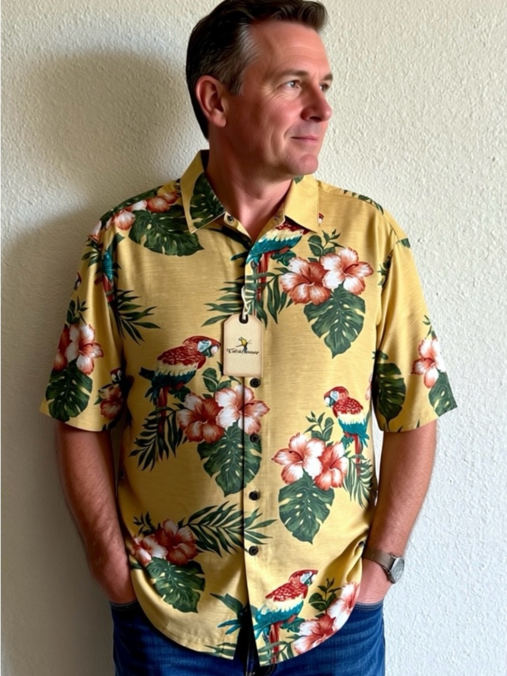 Caribbean Yellow Tropical Floral & Parrot Button-Down Shirt
